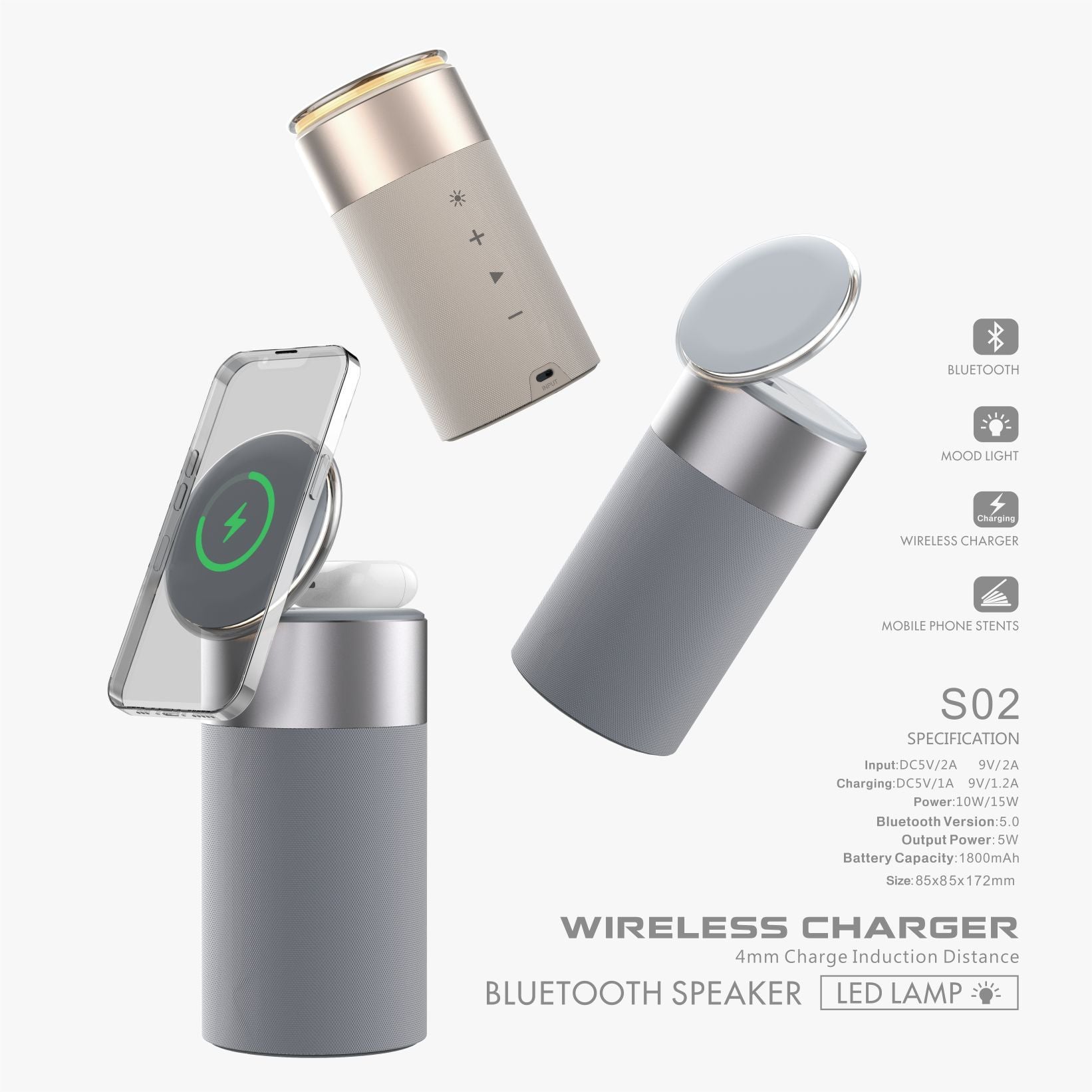 Multi-Function Portable Bluetooth Speaker with Wireless Charger and Lamp